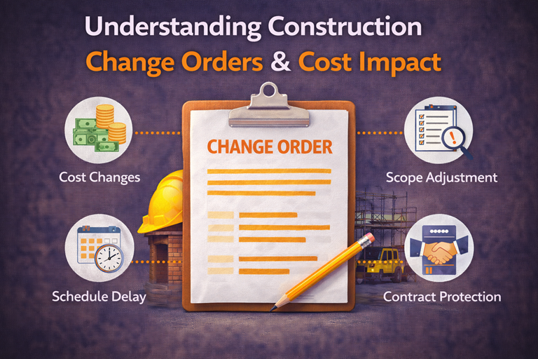 Infographic explaining construction change orders and cost impact with icons for budget changes, schedule delays, scope adjustments, and contract protection.