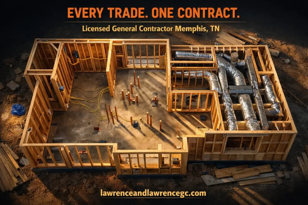 Overhead aerial view of a residential construction site in Memphis, TN showing multiple trade rough-ins managed by a licensed general contractor Memphis TN — lawrenceandlawrencegc.com