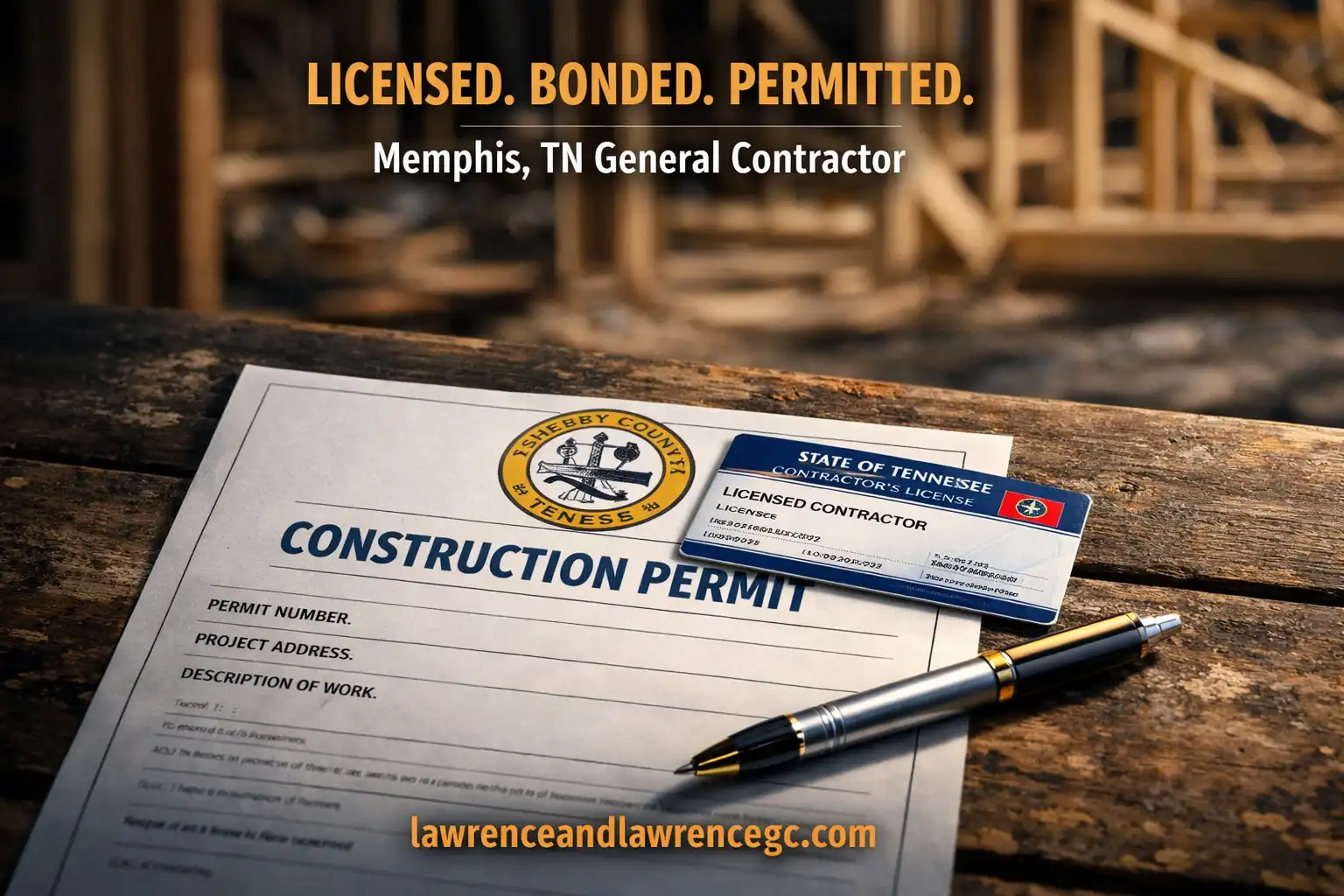 A Tennessee contractor license card and Shelby County construction permit on a job site desk — hire general contractor Memphis TN — lawrenceandlawrencegc.com