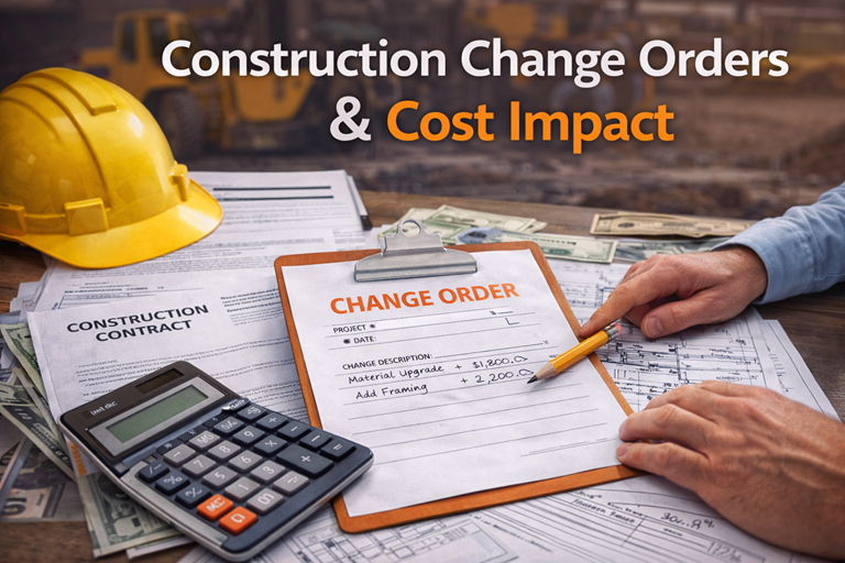 Construction change order form with calculator, contract documents, and hard hat illustrating cost impact and project adjustments.