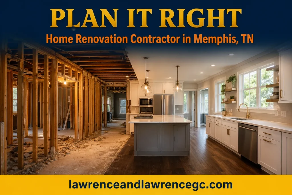 A Memphis, TN kitchen mid-renovation showing raw framing on one side and a finished modern kitchen on the other, managed by a licensed home renovation contractor Memphis TN — lawrenceandlawrencegc.com