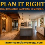 A Memphis, TN kitchen mid-renovation showing raw framing on one side and a finished modern kitchen on the other, managed by a licensed home renovation contractor Memphis TN — lawrenceandlawrencegc.com