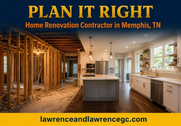 A Memphis, TN kitchen mid-renovation showing raw framing on one side and a finished modern kitchen on the other, managed by a licensed home renovation contractor Memphis TN — lawrenceandlawrencegc.com
