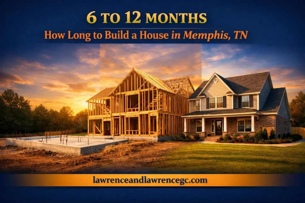 A Memphis, TN residential home shown across three construction phases from foundation to framing to completed exterior — build a house Memphis TN — lawrenceandlawrencegc.com