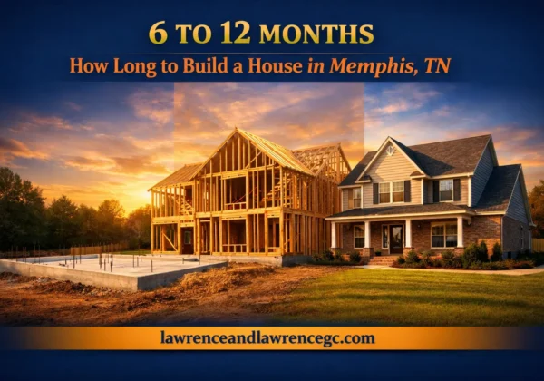 A Memphis, TN residential home shown across three construction phases from foundation to framing to completed exterior — build a house Memphis TN — lawrenceandlawrencegc.com