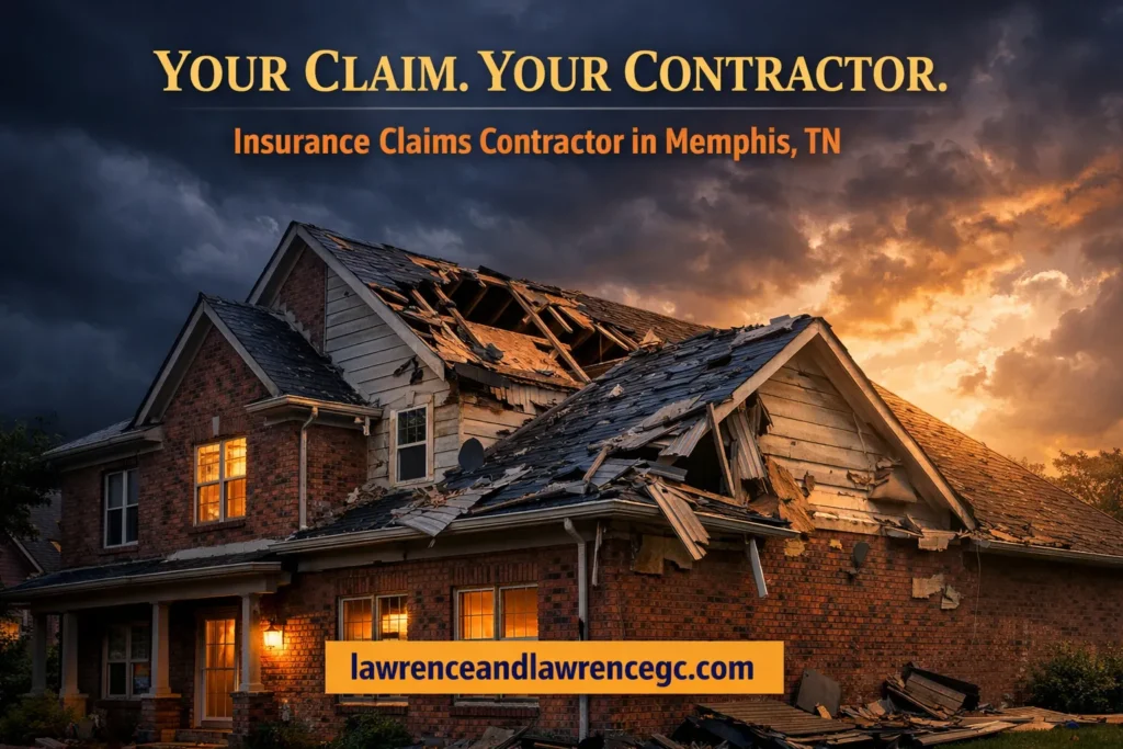 A storm-damaged Memphis, TN residential home exterior showing roof and siding damage managed by a licensed insurance claims contractor Memphis TN — lawrenceandlawrencegc.com