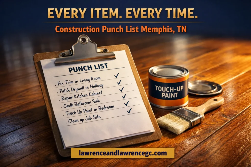 A construction punch list clipboard with checkmarks resting on a finished hardwood floor in a Memphis, TN home — construction punch list Memphis TN — lawrenceandlawrencegc.com