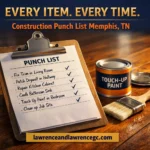 A construction punch list clipboard with checkmarks resting on a finished hardwood floor in a Memphis, TN home — construction punch list Memphis TN — lawrenceandlawrencegc.com