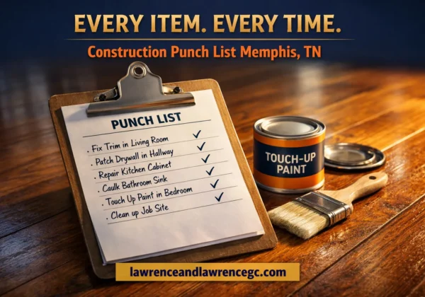 A construction punch list clipboard with checkmarks resting on a finished hardwood floor in a Memphis, TN home — construction punch list Memphis TN — lawrenceandlawrencegc.com