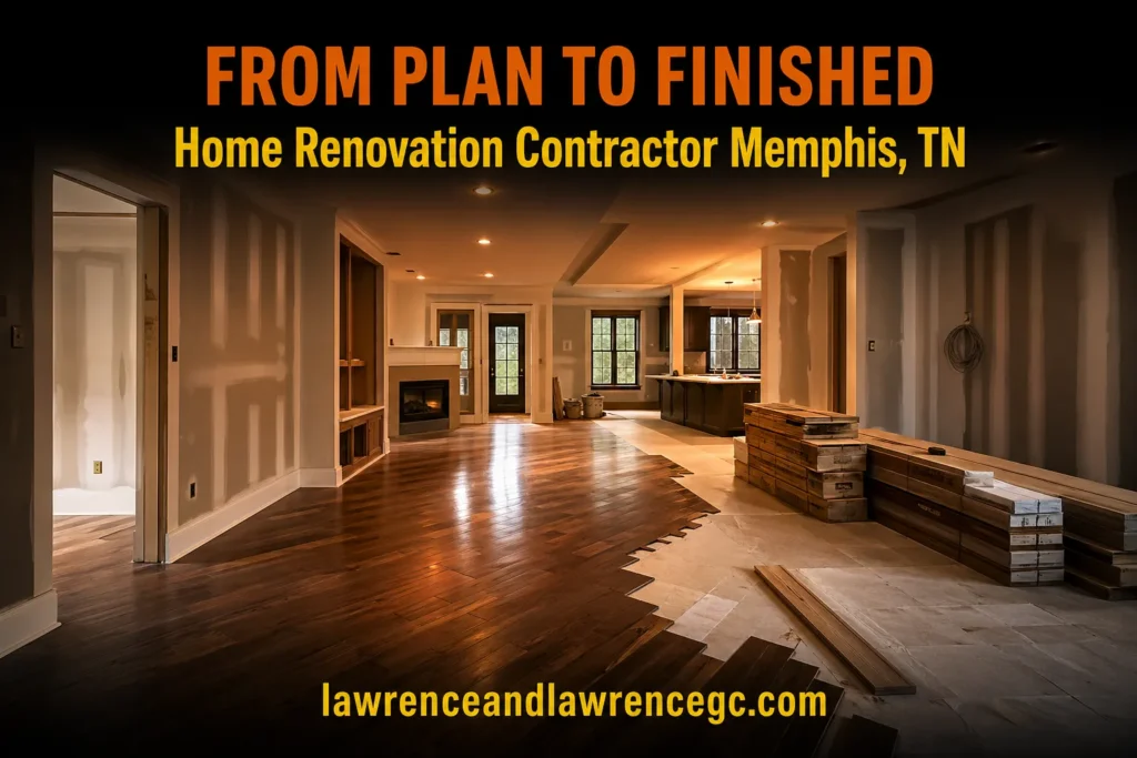 A Memphis, TN residential open floor plan renovation in progress with hardwood flooring half-installed and fresh drywall by a licensed home renovation contractor Memphis TN - lawrenceandlawrencegc.com