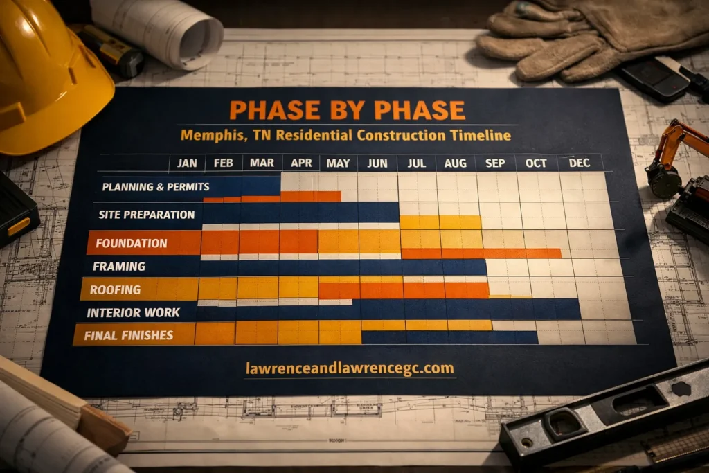 A twelve-month residential construction timeline calendar on a project table showing phase-by-phase scheduling for a ground-up build a house Memphis TN project — lawrenceandlawrencegc.com