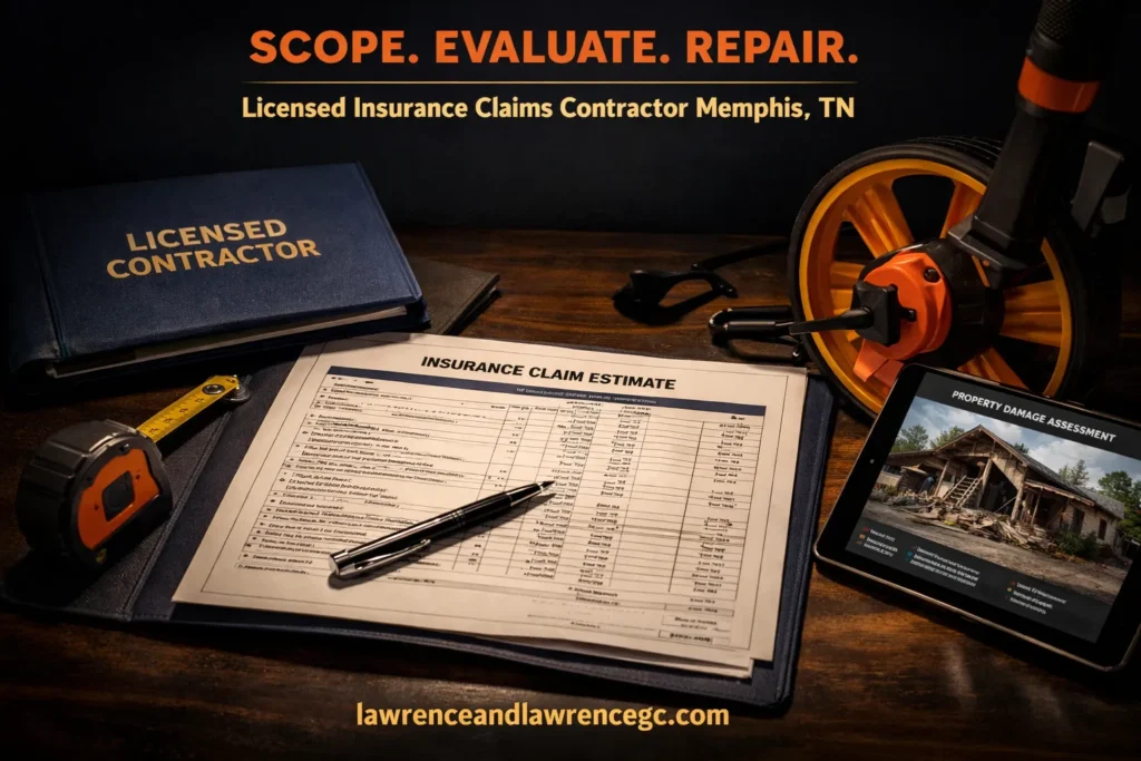 Insurance claim estimate documents, a measuring wheel, and a damage assessment tablet on a project desk for an insurance claims contractor Memphis TN — lawrenceandlawrencegc.com