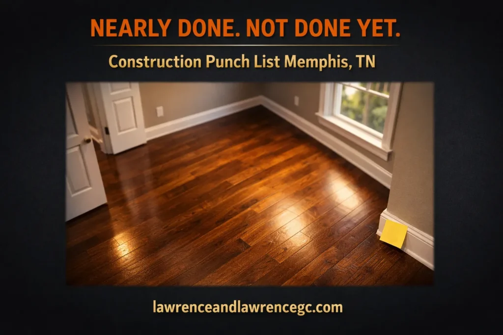 Birds-eye view of a finished Memphis, TN residential interior with a sticky note marking a minor punch list correction near the baseboard — construction punch list Memphis TN — lawrenceandlawrencegc.com