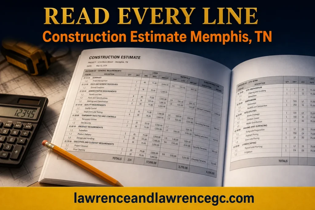 A detailed construction estimate document spread open on a desk with line items visible beside a pencil and calculator - construction estimate Memphis TN - lawrenceandlawrencegc.com
