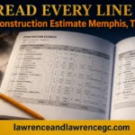 A detailed construction estimate document spread open on a desk with line items visible beside a pencil and calculator - construction estimate Memphis TN - lawrenceandlawrencegc.com