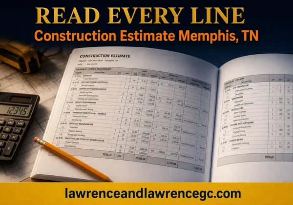 A detailed construction estimate document spread open on a desk with line items visible beside a pencil and calculator - construction estimate Memphis TN - lawrenceandlawrencegc.com