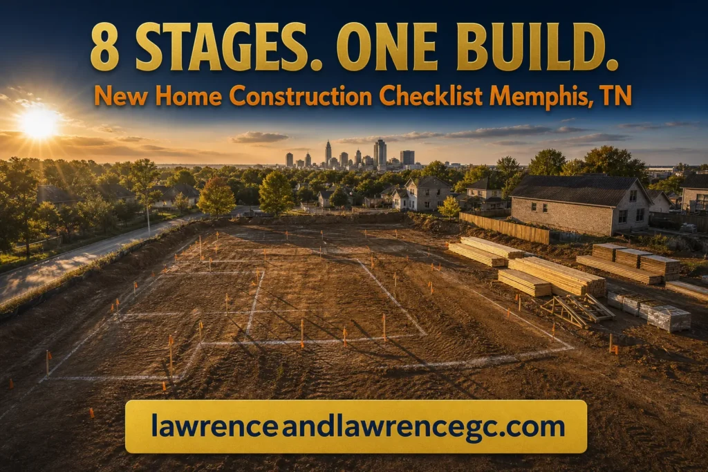 Aerial view of a Memphis, TN residential ground-breaking site with surveyed lot lines, staged lumber, and the city skyline in the background for new home construction Memphis TN - lawrenceandlawrencegc.com