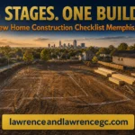 Aerial view of a Memphis, TN residential ground-breaking site with surveyed lot lines, staged lumber, and the city skyline in the background for new home construction Memphis TN - lawrenceandlawrencegc.com