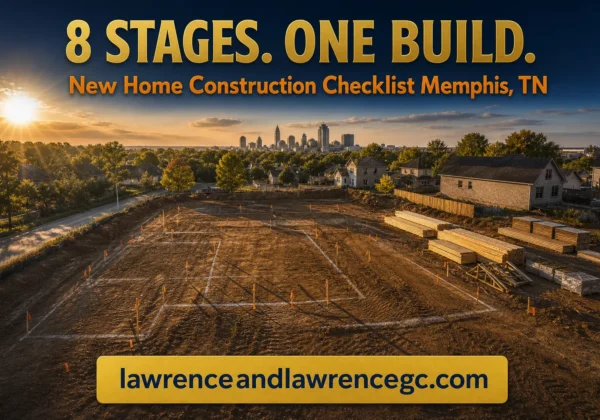 Aerial view of a Memphis, TN residential ground-breaking site with surveyed lot lines, staged lumber, and the city skyline in the background for new home construction Memphis TN - lawrenceandlawrencegc.com