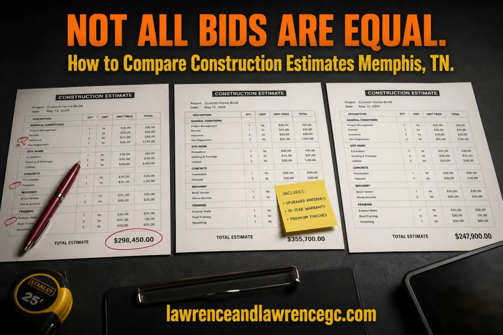 Three construction estimate documents side by side showing different bid totals with a red pen circling line items - construction estimate Memphis TN comparison - lawrenceandlawrencegc.com