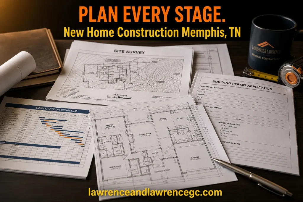 Flat-lay of new home construction planning documents including a site survey, floor plan, construction schedule, and permit application for a Memphis TN build - lawrenceandlawrencegc.com
