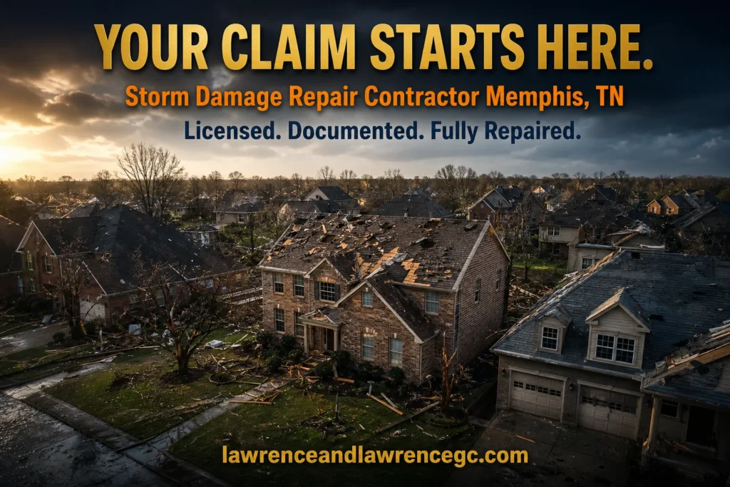 Aerial view of a Memphis, TN residential neighborhood with hail and wind storm damage showing displaced shingles, damaged gutters, and debris across multiple rooftops - storm damage repair Memphis TN - lawrenceandlawrencegc.com