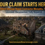 Aerial view of a Memphis, TN residential neighborhood with hail and wind storm damage showing displaced shingles, damaged gutters, and debris across multiple rooftops - storm damage repair Memphis TN - lawrenceandlawrencegc.com