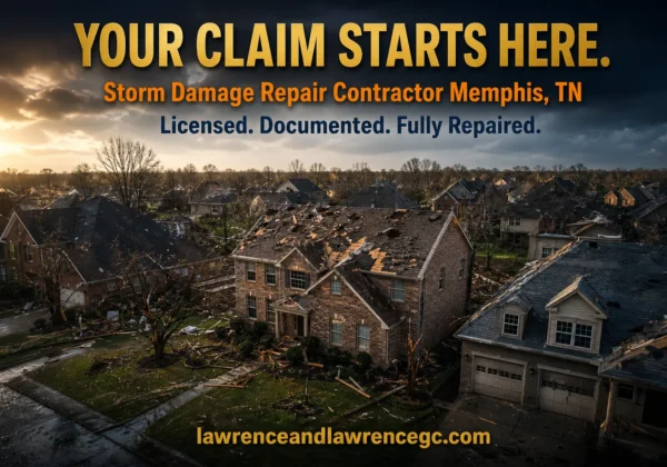 Aerial view of a Memphis, TN residential neighborhood with hail and wind storm damage showing displaced shingles, damaged gutters, and debris across multiple rooftops - storm damage repair Memphis TN - lawrenceandlawrencegc.com
