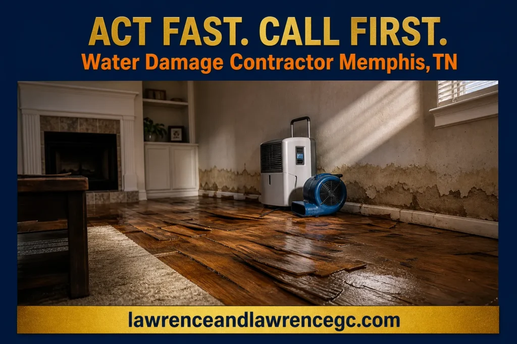 A Memphis, TN residential living room showing water-damaged buckled floors and stained drywall with drying equipment staged - water damage contractor Memphis TN - lawrenceandlawrencegc.com