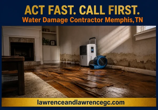 A Memphis, TN residential living room showing water-damaged buckled floors and stained drywall with drying equipment staged - water damage contractor Memphis TN - lawrenceandlawrencegc.com