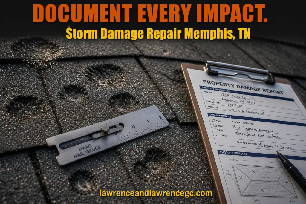 Close-up of a hail-damaged asphalt shingle rooftop in Memphis, TN showing impact craters, granule displacement, and a damage measurement tool - storm damage repair Memphis TN documentation - lawrenceandlawrencegc.com