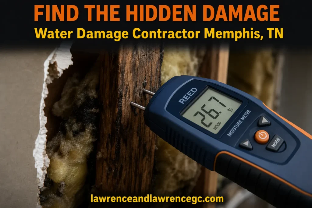 A moisture meter probe reading a wet wall stud with exposed insulation behind torn drywall - professional water damage contractor Memphis TN assessment - lawrenceandlawrencegc.com